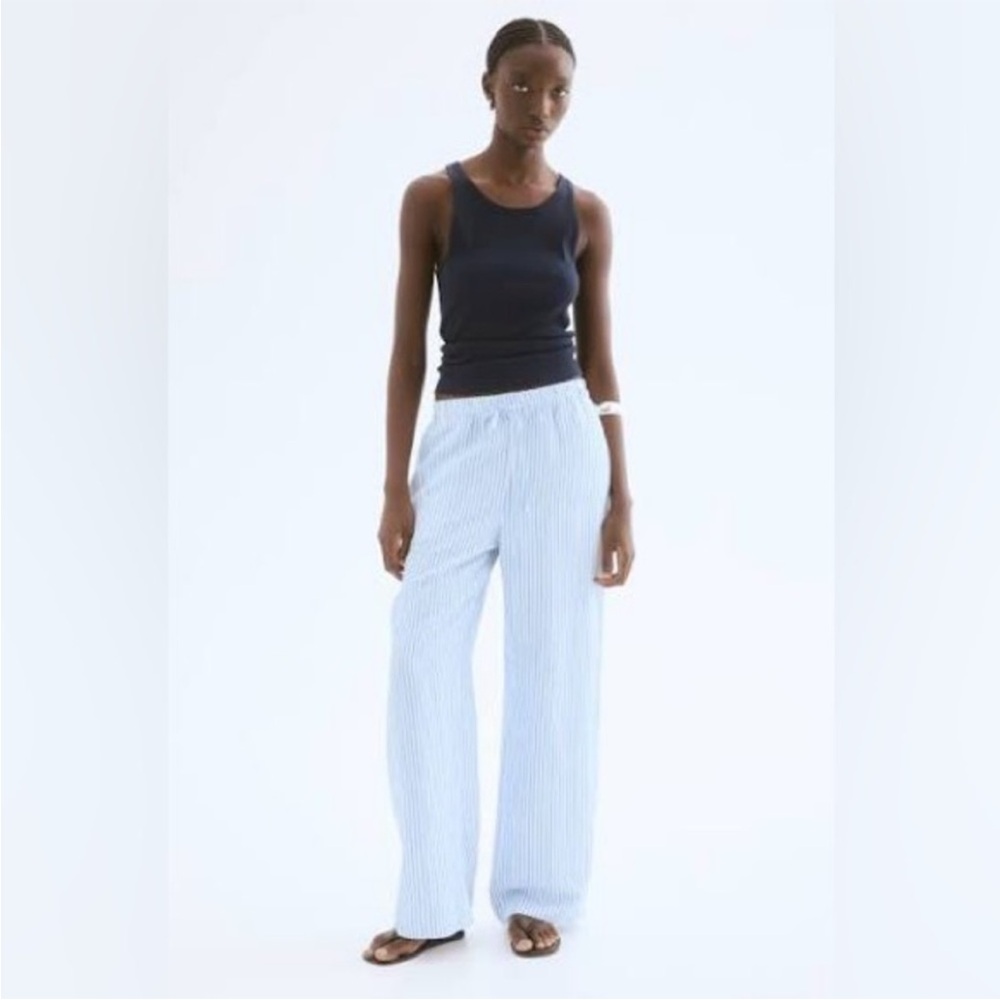 H&M Blue & White Pinstripe Wide-Leg Drawstring Pants